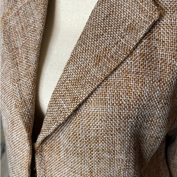 Talbots Tan Tweed Linen Blend Open Front Jacket 3/4 Sleeve Front Pockets Size 10 - Picture 2 of 4